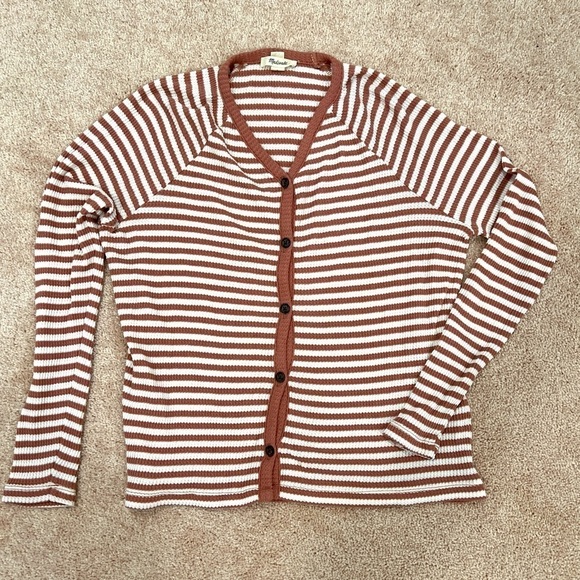 Madewell Mauve White Stripe Waffle Knit V-Neck Long Sleeve Button Up - Small - Picture 2 of 4